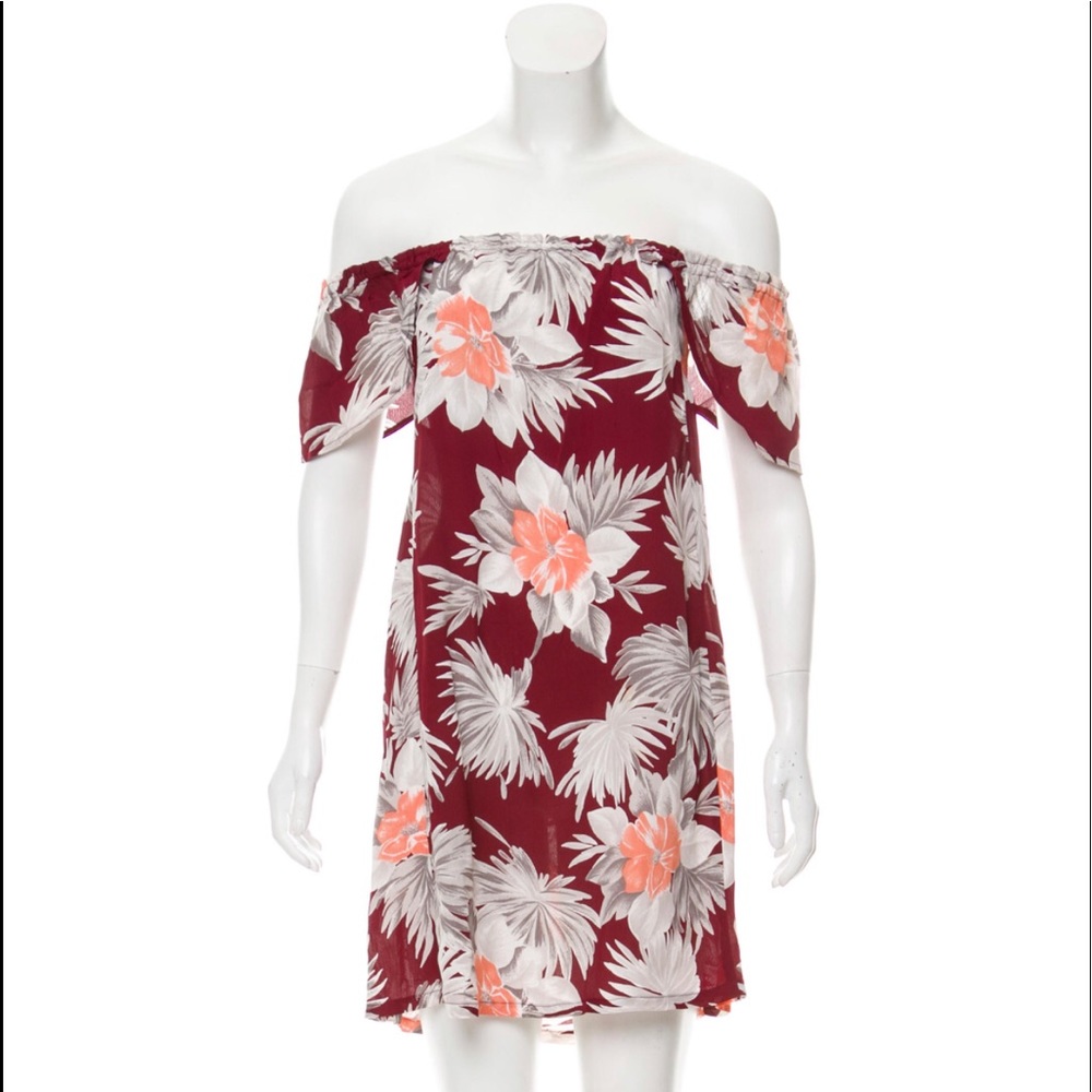 REFORMATION Maroon Floral Off-Shoulder Mini Dress